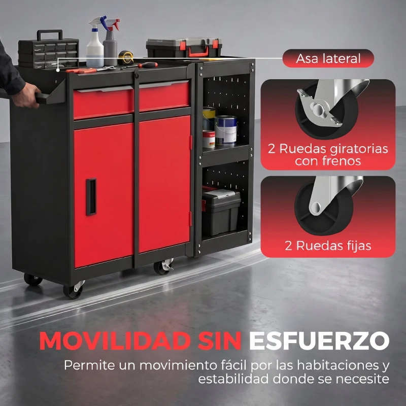 HOMCOM Carro de Herramientas con Ruedas 3 en 1 con 5 Cajones y Armario Inferior Paneles Perforados y Cerradura Negro y Rojo