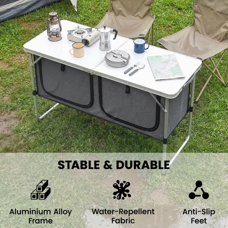 Outsunny Camping Cupboards Folding Portable Aluminium Camp Cook Station with Storage Cupboard for Outdoor BBQ