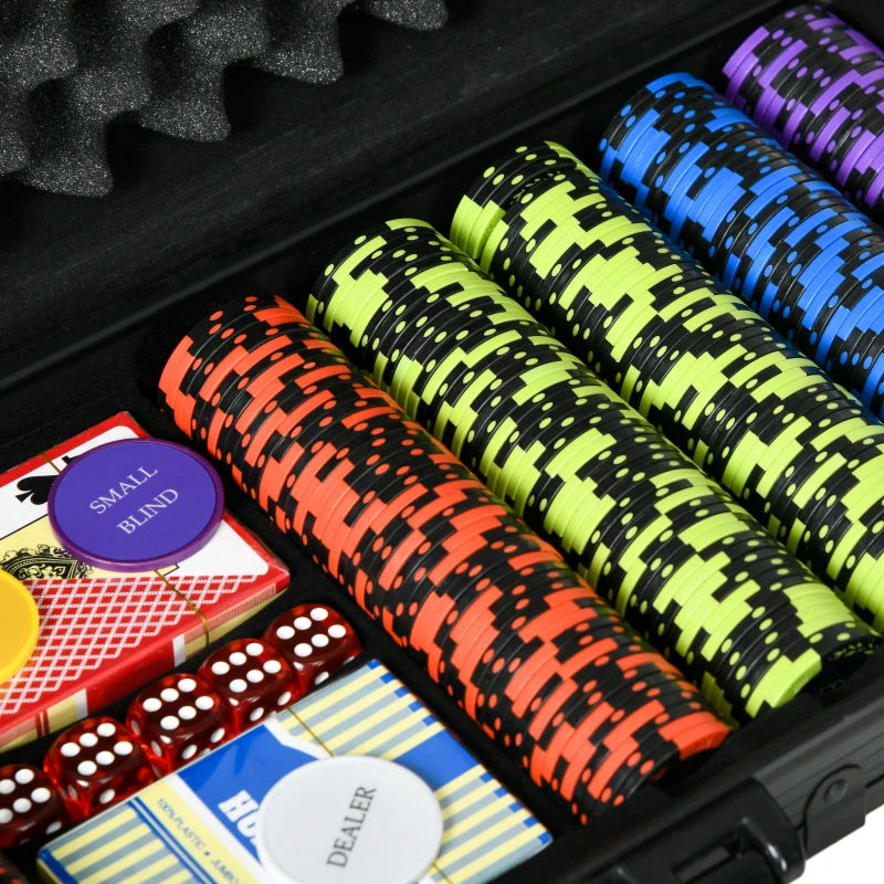 SPORTNOW Set Poker con 500 Fiches, 2 Mazzi di Carte, 5 Dadi, Pulsanti e Valigetta Protettiva in Alluminio Nero