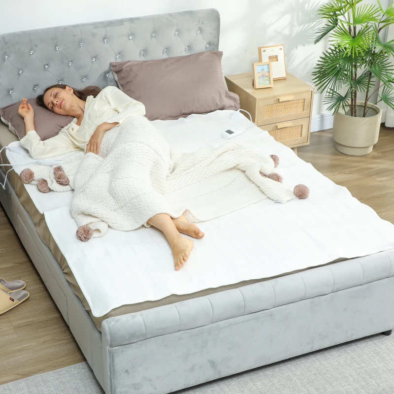 HOMCOM Pătură electrică 160x140 cm cu 5 niveluri de încălzire și 2 zone de control independente, din poliester alb