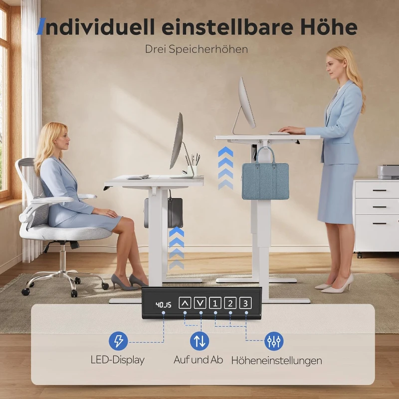 Höhenverstellbarer Schreibtisch, geräuscharmer Motor, stufenlose Verstellung mit Anti-Kollisionssystem, 120 × 60 cm, 120x60x72-118 cm, Weiß