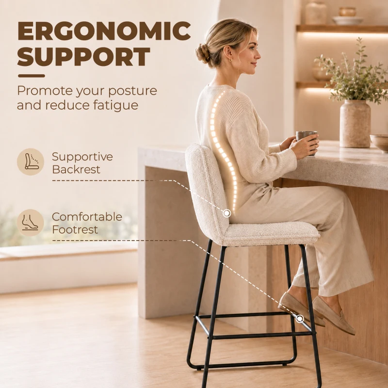 HOMCOM Lot de 2 Tabourets de Bar, Chaises de Bar Rembourrées en Tissu Bouclette, Extra-Large Assise 66H cm, Crème