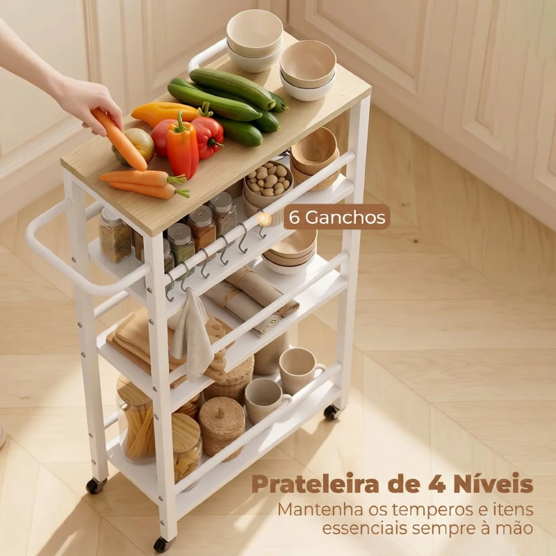 HOMCOM Carrinho Auxiliar com Rodas 4 Níveis Carrinho de Cozinha com Toalheiro e 6 Ganchos para Sala de Jantar 50x20x81 cm Carvalho