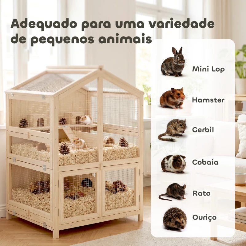 PawHut Gaiola para Hamster de Madeira de 3 Níveis com Bebedouros, Casotas, Baloiços, Bandeja Amovível e Tampas Rebatíveis, Natural