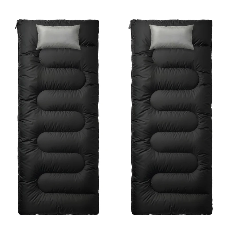 Outsunny Double Sleeping Bag with 2 Pillows, 220 x 160 cm Extra-Large Sleeping Bag for Adults, Black