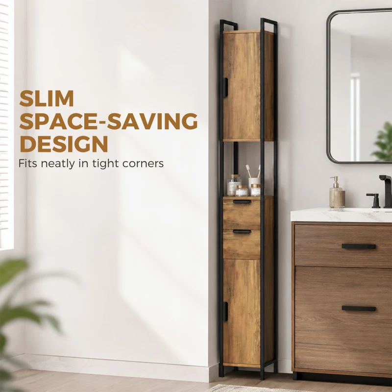 HOMCOM Freestanding Bathroom Cabinet, Tall Bathroom Storage Cabinet with Drawers and Shelves, Linen Storage, Brown