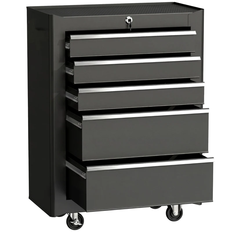 HOMCOM Chariot à outils sur roulettes, Servante d'atelier en acier 5 tiroirs verrouillable 2 clés, 61,5 x 33 x 82,5 cm, noir