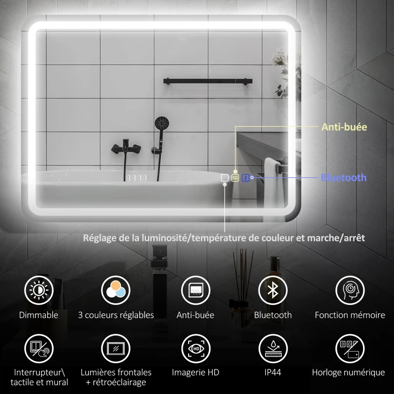 HOMCOM Miroir salle de bain Bluetooth avec éclairage LED 60 x 80 cm, miroir lumineux mural avec horloge, antibuée, argenté