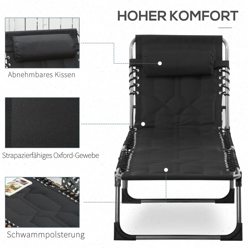 Outsunny opvouwbaar ligbed tuin ligbed met kussen tuin 5-traps verstelbare rugleuning staal Oxford stof zwart 188 x 57 x 30 cm
