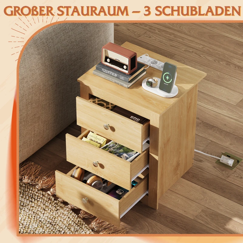 Nachttisch mit 3 Schubladen, integrierte Ladestation, modernes rustikales Design, 46.5x39.6x58.7 cm, Hell-Eiche