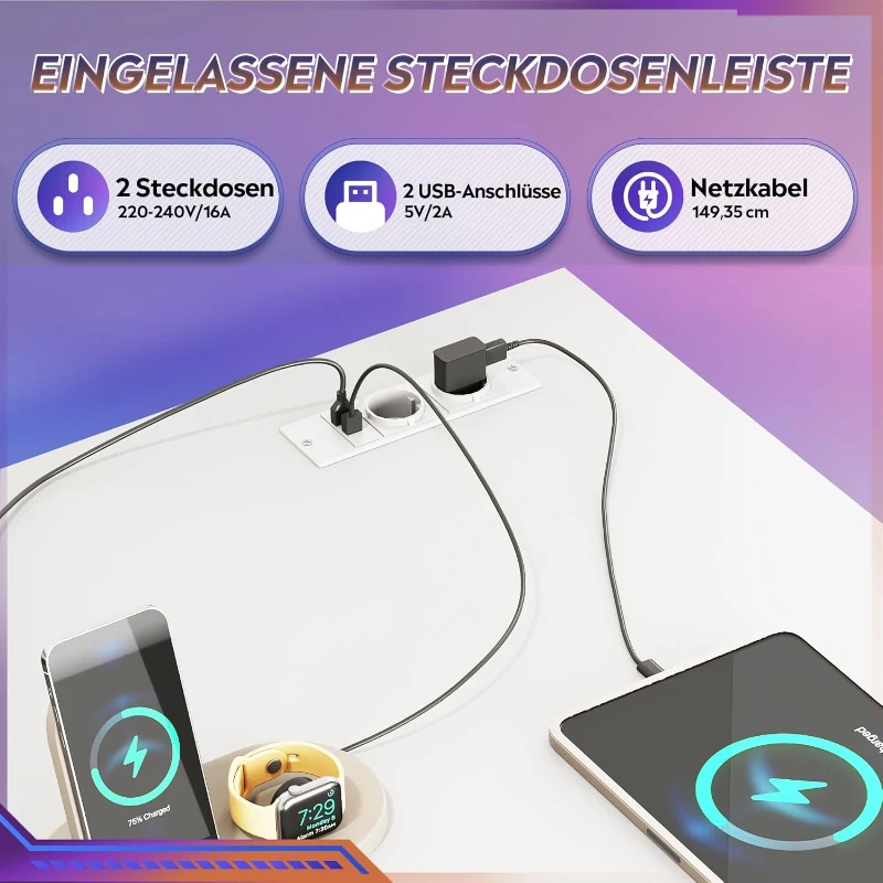 L-förmiger Eckschreibtisch, app‑steuerbare LED und integrierte Stromstation, 167.5x50x87.5 cm, Weiß
