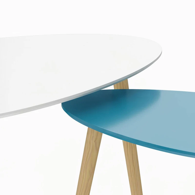 HOMCOM Lot de 2 tables basses gigognes design scandinave pieds en bois et plateau en bois, blanc et bleu