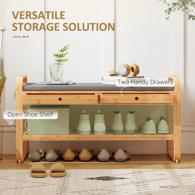 HOMCOM Shoe Bench with 2 Drawers Cushioned Seat Shoe Storage Bench for Hallway 105 cm Natural and Grey