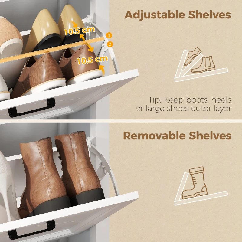 HOMCOM Shoe Cabinet with 2 Flip Drawers, Farmhouse Narrow Shoe Storage Cabinet with Adjustable Shelves, White