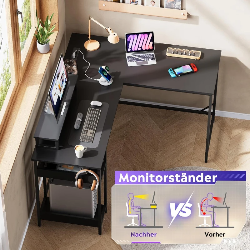 2-in-1 Gaming-Schreibtisch, wandelbar als L- oder I-Form, erhöhte Monitorablage, 140x50x87.5 cm, Schwarz