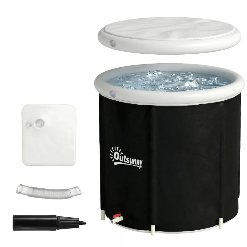 Outsunny Baignoire à Glace Pliable Gonflable 280 L avec Couvercle et Pompe pour Entraînement à l'Eau Froide, 78x78x71 cm, Noir