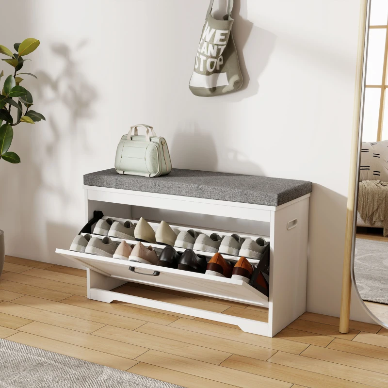 HOMCOM Banco Sapateira Moderno com Assento Acolchoado Prateleira Ajustável para 8 Pares de Sapatos 80x30x50 cm Branco