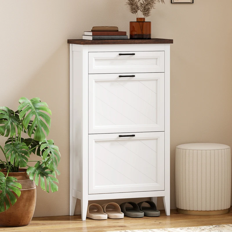 HOMCOM Shoe Cabinet with 2 Flip Drawers, Farmhouse Narrow Shoe Storage Cabinet with Adjustable Shelves, White