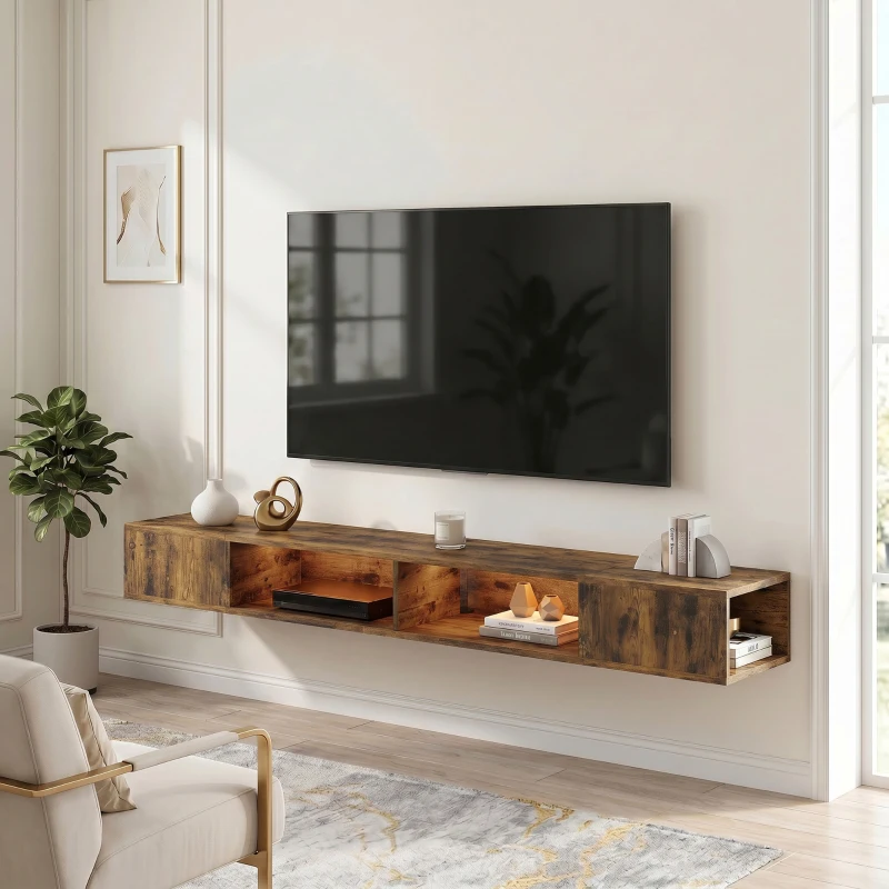 HOMCOM Wall Mounted TV Stand with RGB LED Lights, Floating Entertainment Centre for 75 Inch TV, Rustic Brown