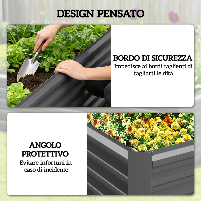 Outsunny Letto per Orto Rialzato con Fondo Aperto e Bordi Arrotondati, 180x90x57.5 cm, Grigio Scuro