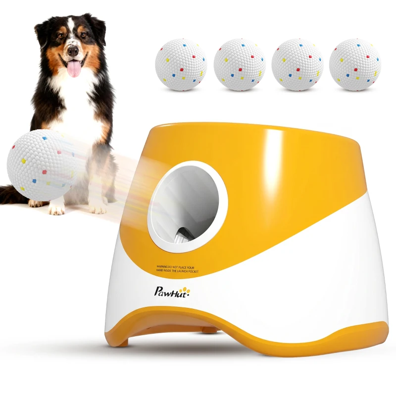 PawHut Automatic Dog Ball Launcher with 5 ETPU Balls 5.8 cm, 3 Distance Settings 6/10/14 m, Orange
