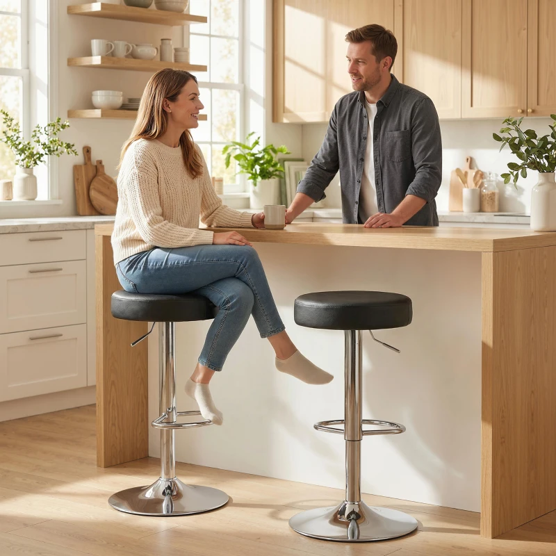 HOMCOM Bar Stools Set of 2, Modern PU Leather Swivel Barstools, Height Adjustable Breakfast Bar Chairs with Footrest, Black