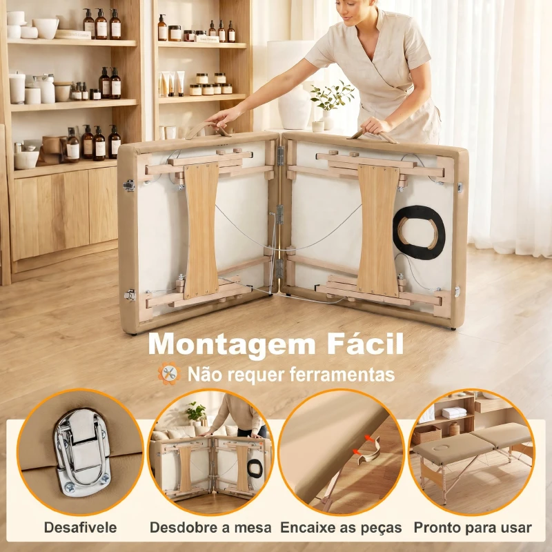 HOMCOM Marquesa de Massagem Dobrável com Estrutura em Madeira Altura Ajustável e Bolsa de Transporte 186x60x61-87 cm Castanho