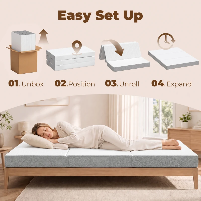 HOMCOM Matelas Pliant en 3 Parties, 140x190x15cm, Matelas d'Appoint en Mousse à Mémoire de Forme au Gel, Blanc
