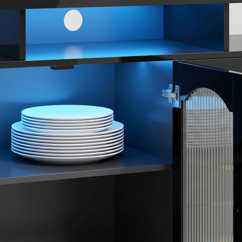 HOMCOM High Gloss Sideboard with LED Lights, Built-in Power Outlets, 3 Drawers, Shelves and 2 Acrylic Doors, Black
