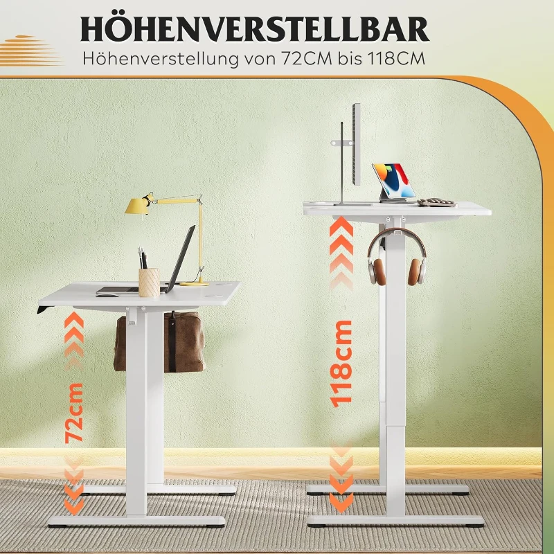 Elektrisch höhenverstellbarer Schreibtisch, 3 speicherbare Höhen für ergonomisches Sitz‑Steh‑Arbeiten, 120×60 cm, 72–118 cm, 120x60x72-118 cm, Weiß