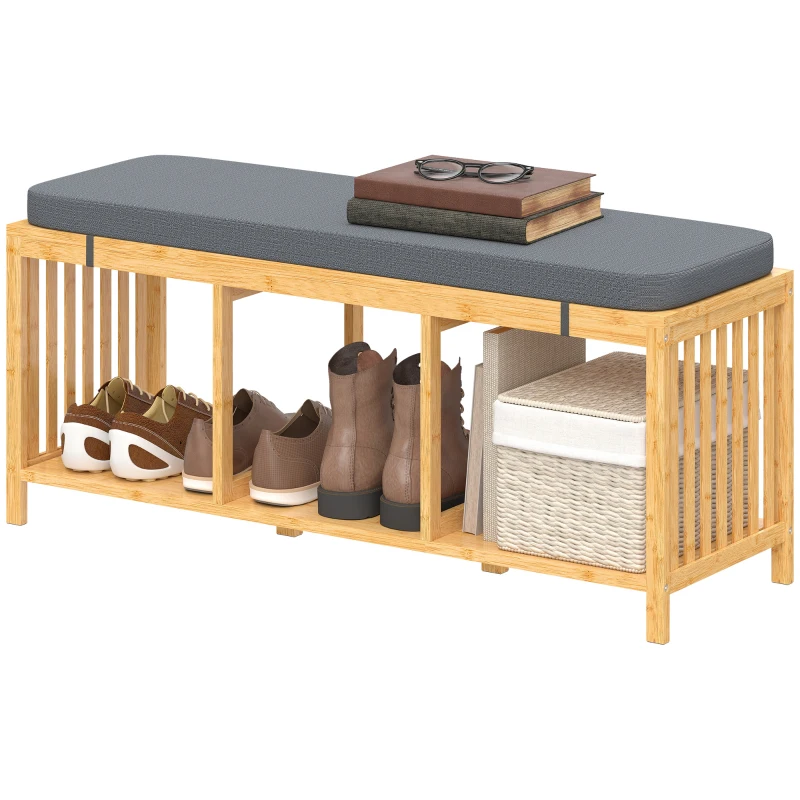 HOMCOM Bamboo Shoe Bench, Entryway Storage Bench with Padded Cushion and Open Shelf, Natural Wood Finish