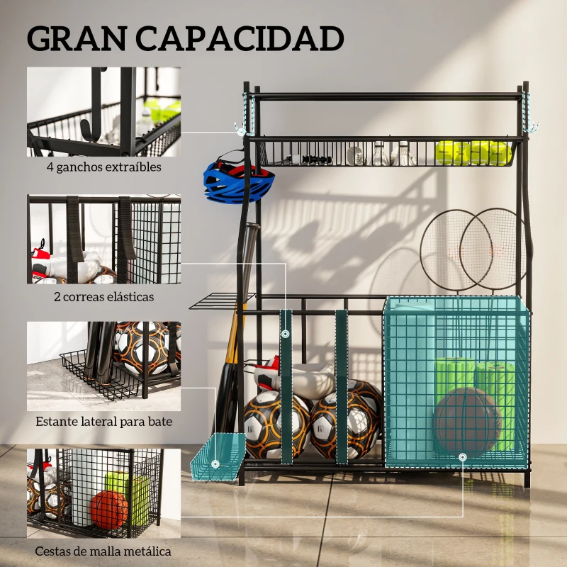 SPORTNOW Organizador de Equipos Deportivos con Cesta Ganchos Extraibles y Bandas Elásticas para Balones de Baloncesto y Fútbol