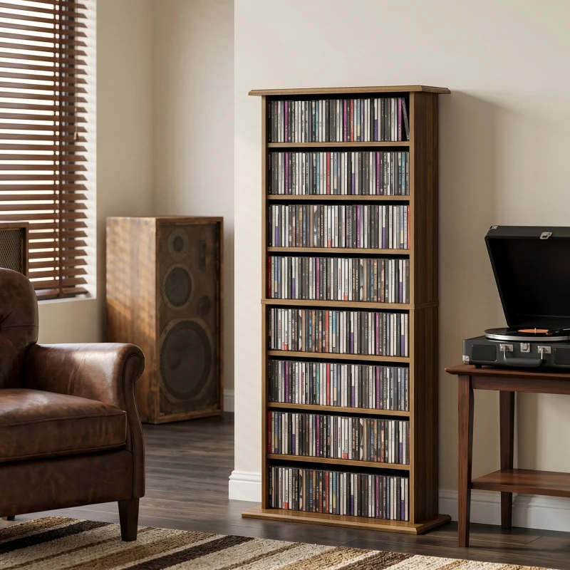 HOMCOM Depozitare pentru CD și DVD cu 8 compartimente și 6 rafturi reglabile, capacitate max. 360 CD/185 DVD și Blu-ray, nuc