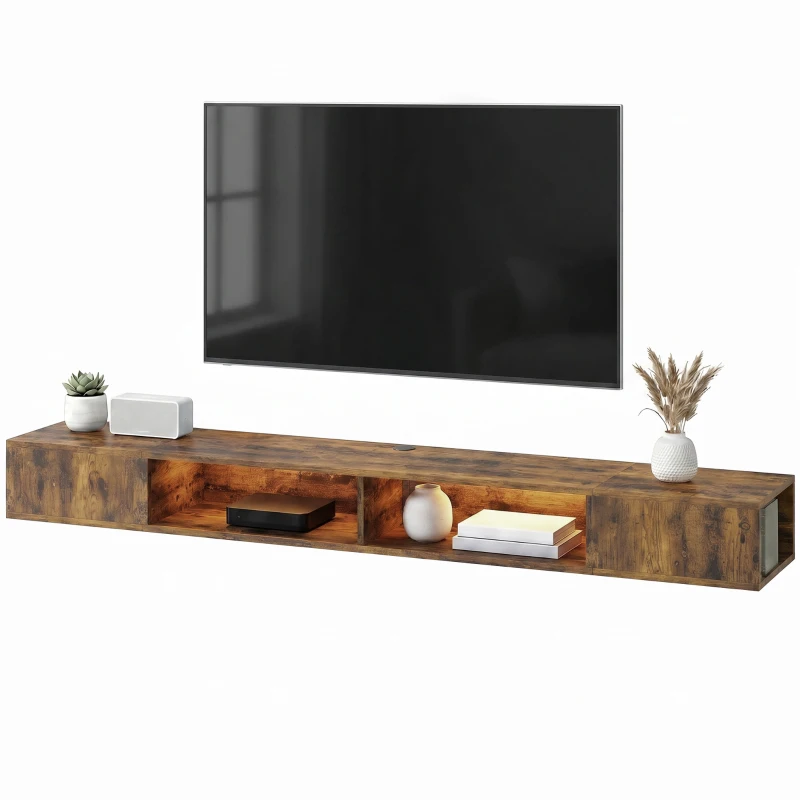 HOMCOM Wall Mounted TV Stand with RGB LED Lights, Floating Entertainment Centre for 75 Inch TV, Rustic Brown