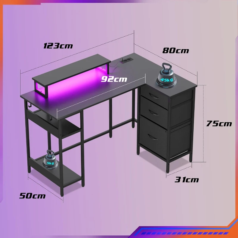 L-förmiger Eckschreibtisch mit integrierter LED-Beleuchtung, 3 Stoffschubladen, 2 offene Ablagen, 123x80x75 cm, Schwarz