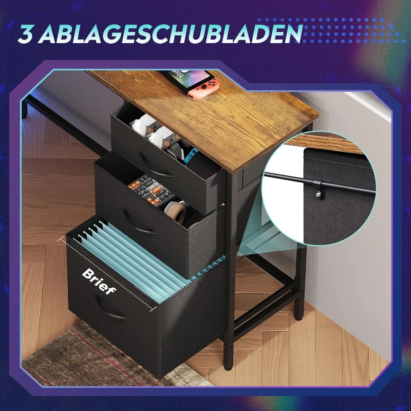 L-förmiger Eckschreibtisch mit LED-Beleuchtung, erhöhter Monitoraufsatz + Kopfhörerhaken, 142x118x87.5 cm, Braun