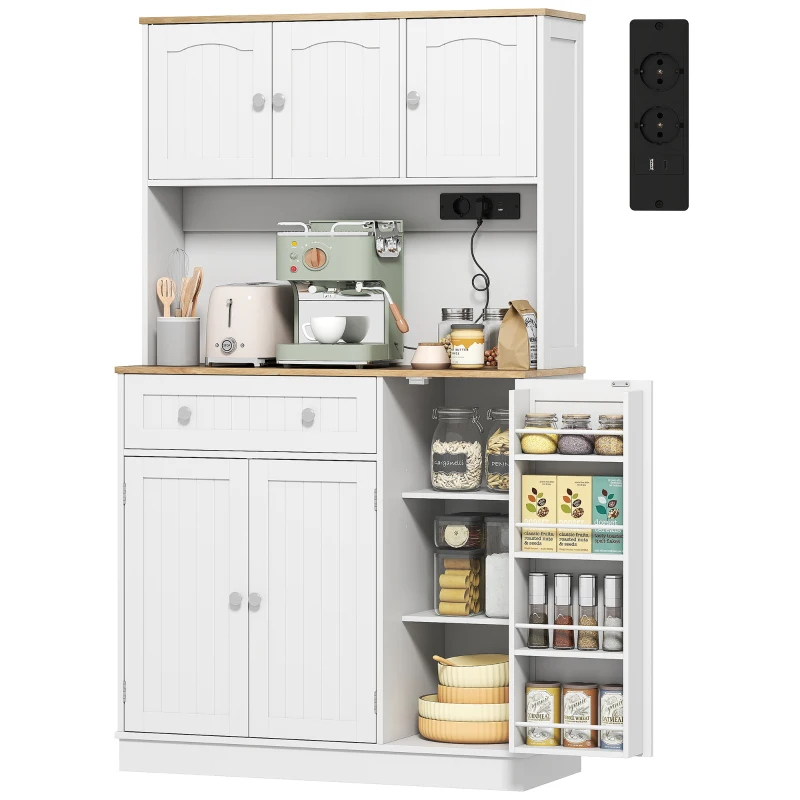 HOMCOM Alacena de Cocina con Estación de Carga 6 Puertas 1 Cajón Estantes Ajustables Encimera Amplio 100x40x173 cm Blanco