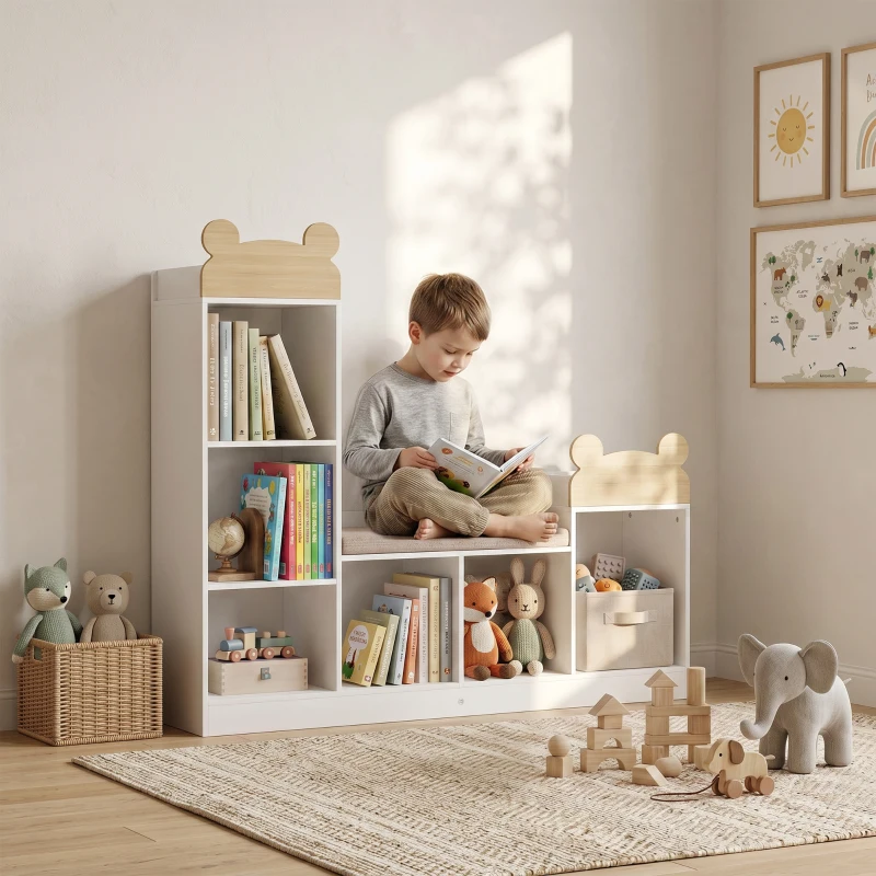 AIYAPLAY Bibliotecă pentru copii, mobilier depozitare 3 în 1 cu bancă, 6 compartimente, 2 rafturi, pernă de șezut, Alb