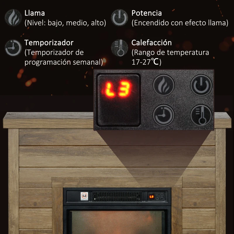 HOMCOM Chimenea Eléctrica 1800W con Efecto de Llama Mando a Distancia Temporizador Semanal para Sala 30 m² Madera