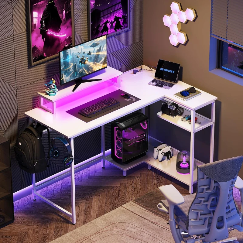 L-förmiger Eckschreibtisch mit RGB-LED, offene Ablagefächer, ergonomischer Monitoraufsatz, 122x80x87.5 cm, Weiß