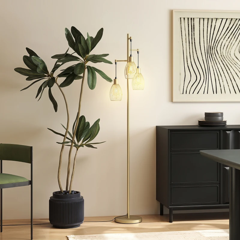 HOMCOM 170.5cm Industrial Dimmable Standing Lamp, 3-Light Floor Lamp with Steel Wire Cage Lampshades, Gold Tone