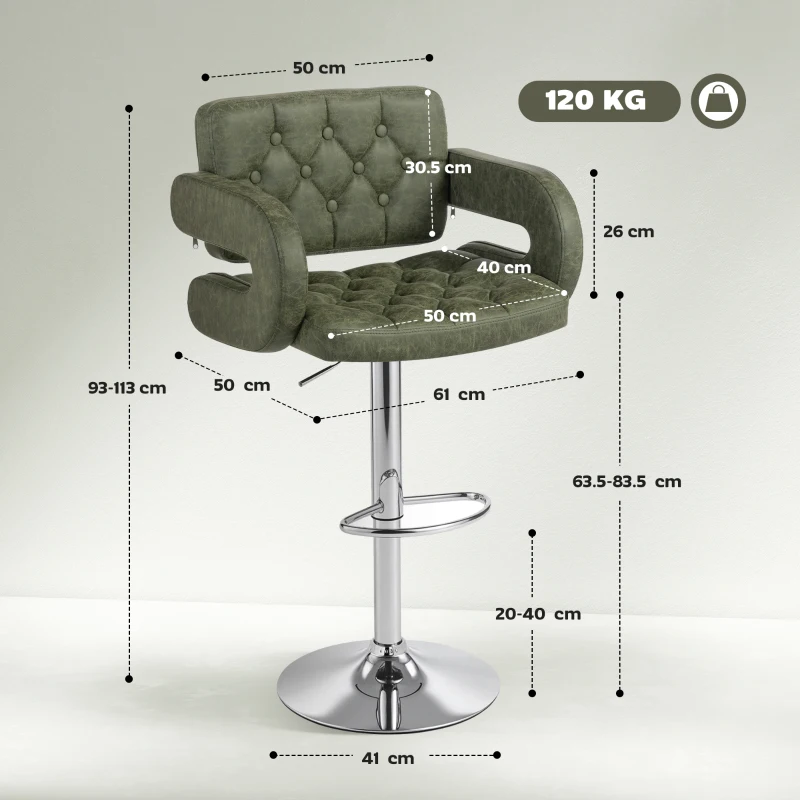 HOMCOM PU Leather Upholstered Swivel Bar Stool, Height Adjustable with Back, Armrest, Footrest, Green
