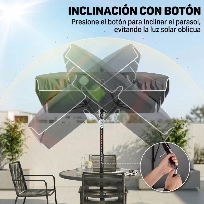Outsunny Sombrilla de Terraza de Aluminio 2x1,3x2,5 m Parasol de Jardín Rectangular con Función de Inclinación Gris