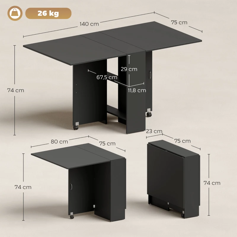 HOMCOM Mesa de Cocina Plegable con 2 Ruedas 2 Estantes de Almacenaje y 2 Alas Abatibles Estilo Moderno 75x140x74 cm Negro
