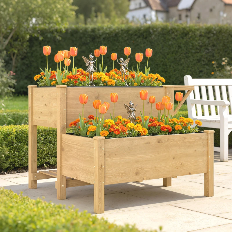 Outsunny Letto per Orto Rialzato a 2 Livelli con Ripiani in Legno, 119.5x102x76.5cm, Marrone