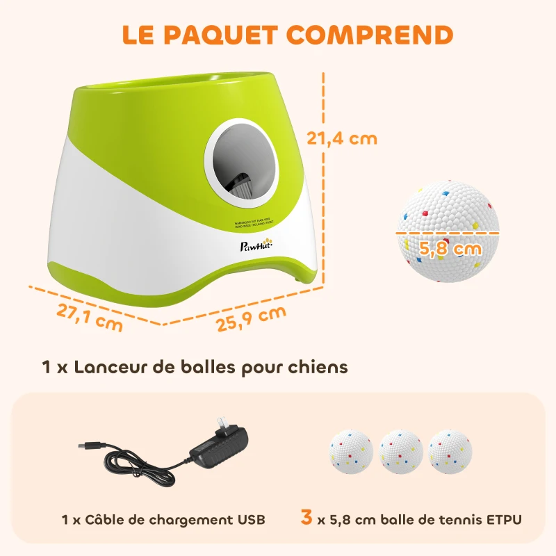 PawHut Lanceur de Balles Automatique avec 3 Balles en ETPU, 3 Réglages de Distance 6m/10m/14m, Intérieur et Extérieur, Vert
