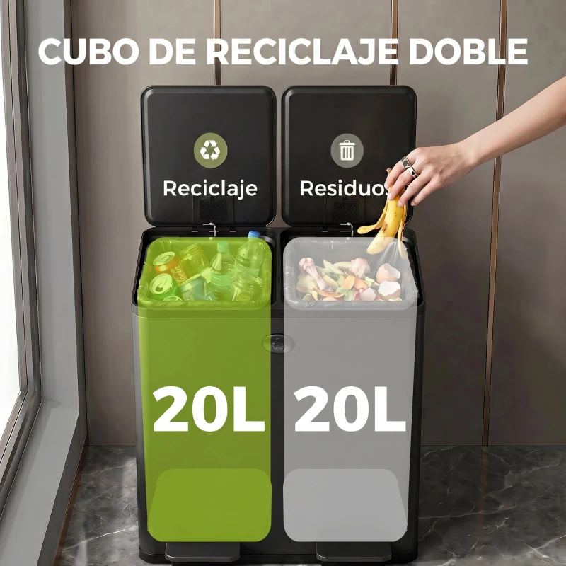 HOMCOM Papelera de Cocina de Acero Inoxidable con 2 Compartimentos 2x20L Pedal Tapas de Cierre Suave y Cubo Extraíble Negro