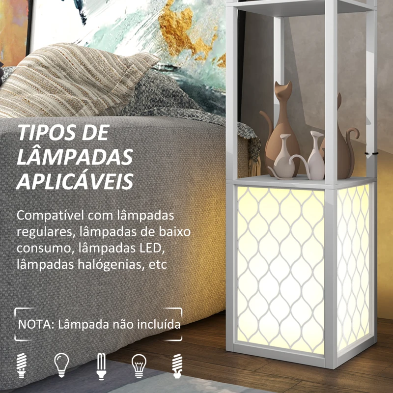 HOMCOM Candeeiro de Pé de Madeira com Estantes Lâmpada E27 Máx. 40W com Interruptor 26x26x156 cm Branco