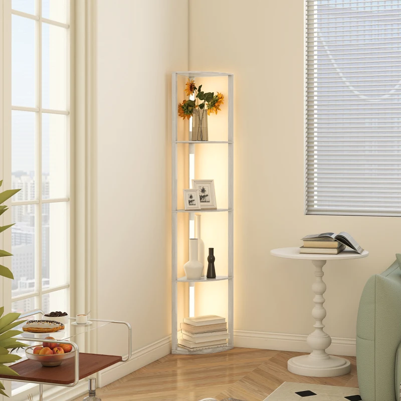 HOMCOM Lampadaire sur Pied Salon, Lampadaire avec Étagères d'Angle à 4 Niveaux, Lampe LED Dimmable, 41x29,5x163,5cm, Chêne