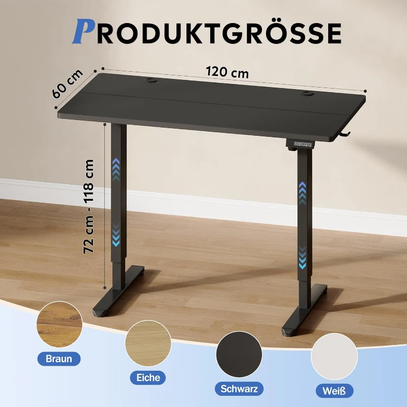 Elektrisch höhenverstellbarer Schreibtisch, leiser Motor mit 3‑fach Memory und Anti‑Kollisionssystem, 120 × 60 cm, 120x60x72-118 cm, Schwarz